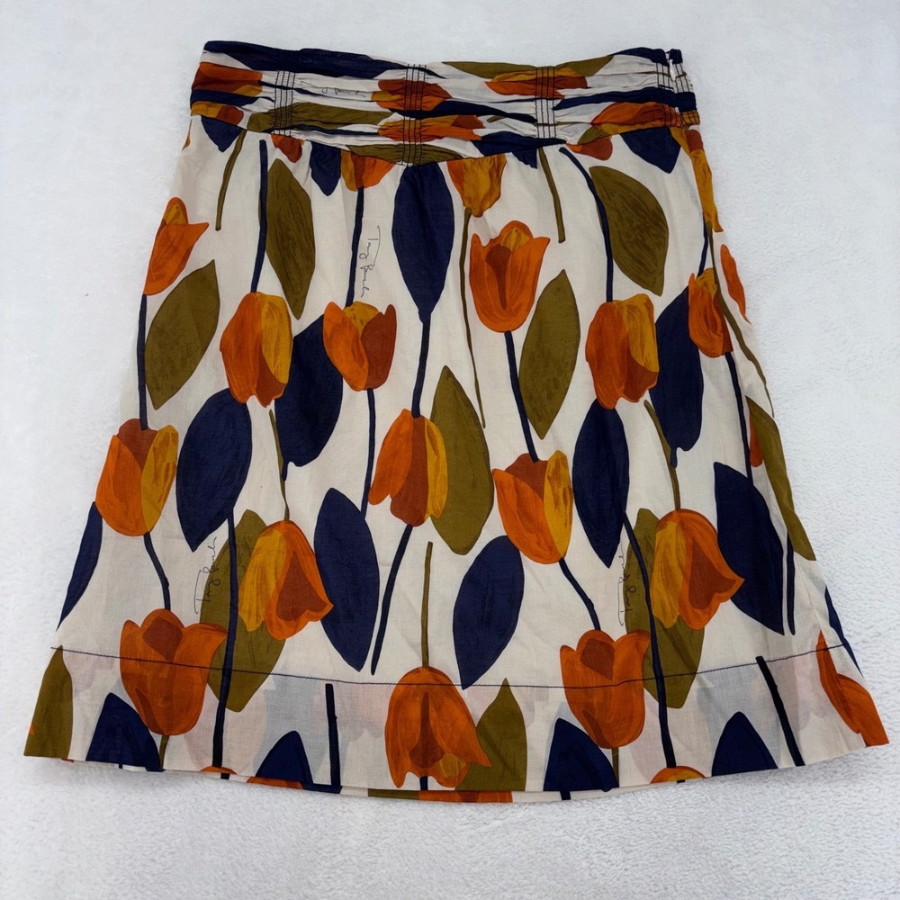 Tory Burch Tulip Print Linen Blend Mini Skirt Orange Navy Blue Floral Size 10
